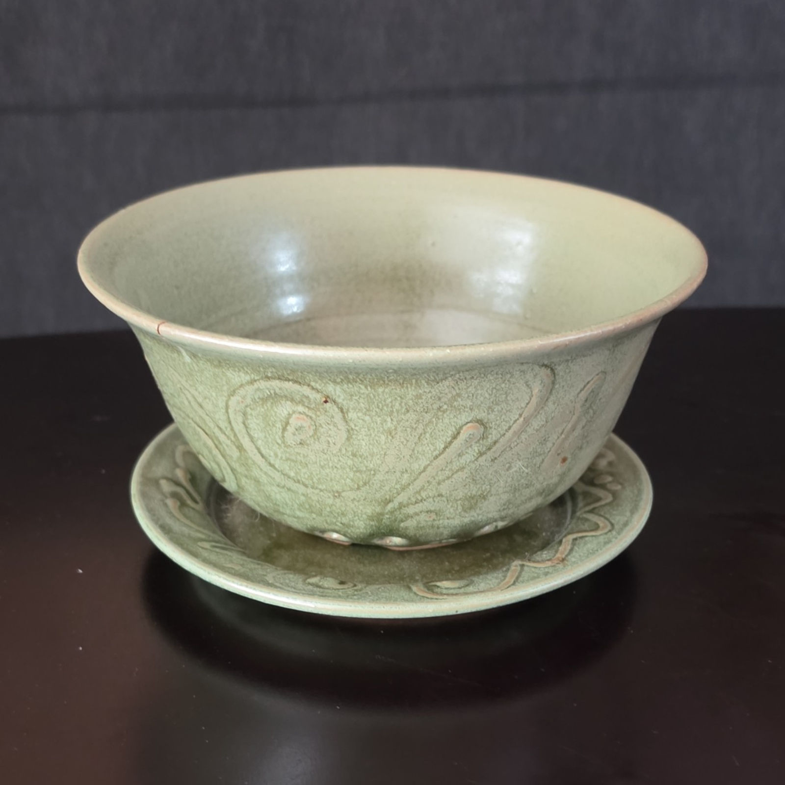 Signed Ceramic Berry Bowl with Matching Plate Set